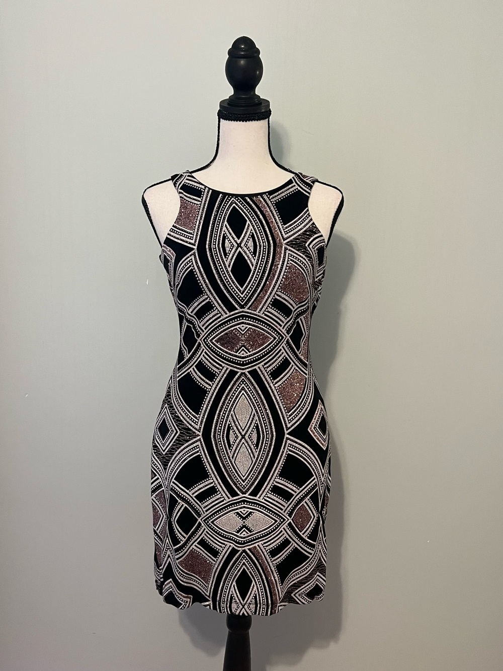 Speechless Black, White & Tan Geometric Mini Evening Dress